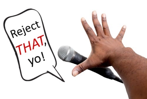 mic drop with speech bubble that says reject that, yo